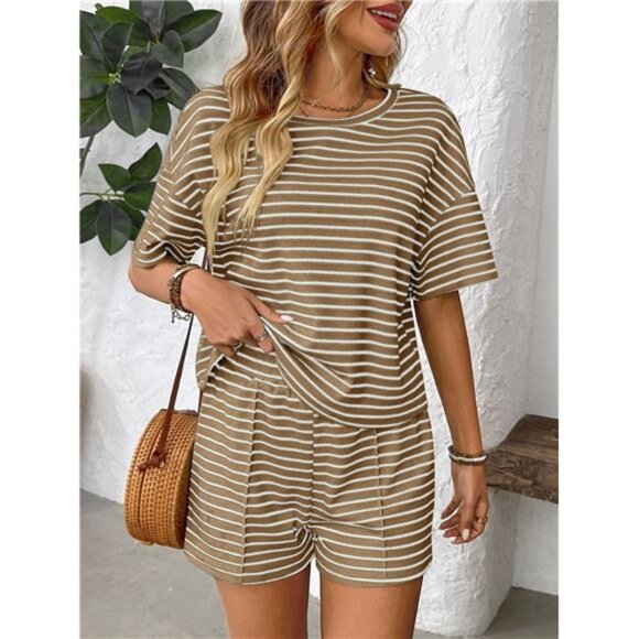 Striped Round Neck Short Sleeve Top and Shorts Set - Picture 15 of 16